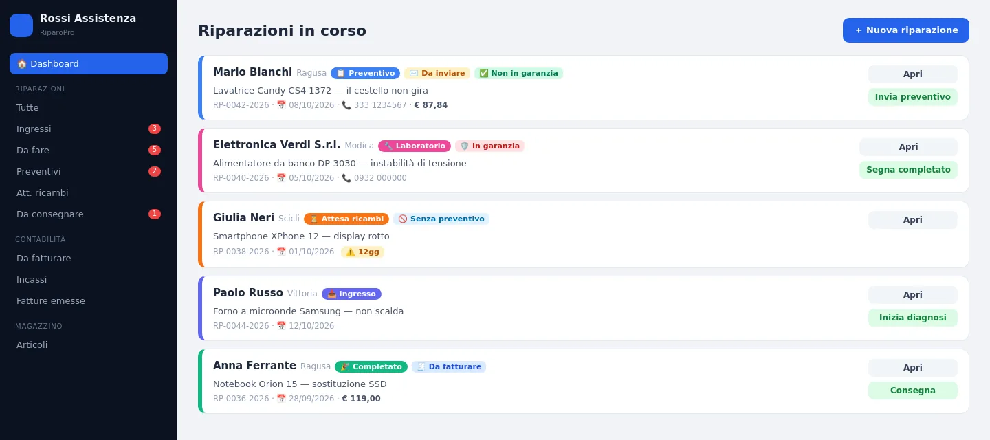Elenco delle riparazioni in corso con stati colorati, garanzia e pulsanti rapidi
