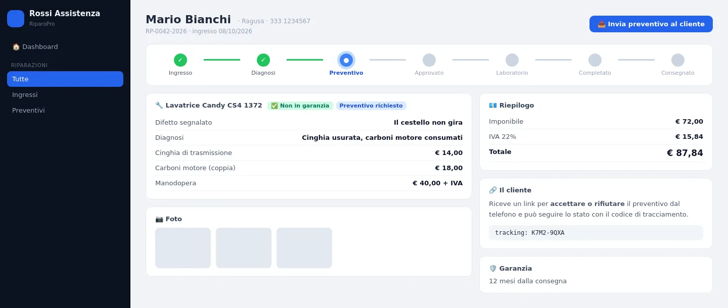 Scheda di riparazione con avanzamento, preventivo e garanzia